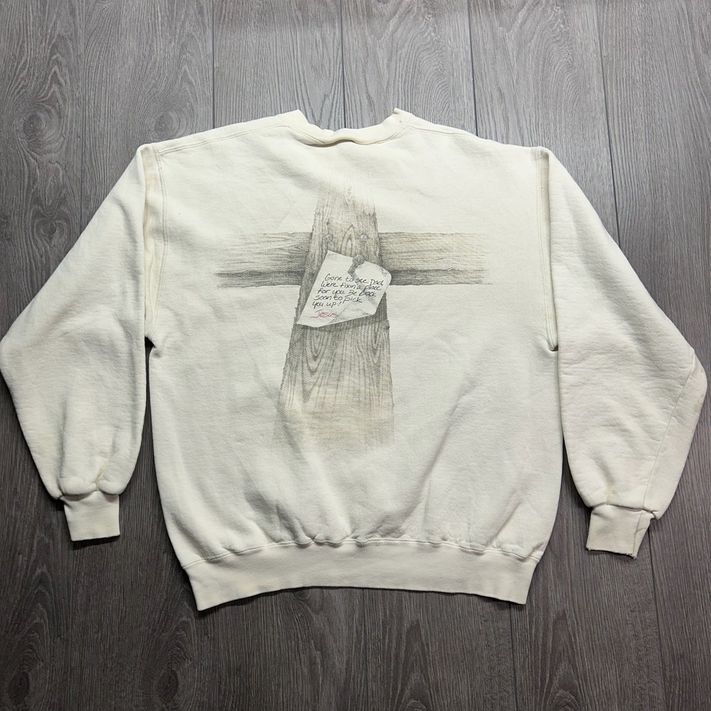 Vintage Jesus Cross Religious Gone to see Dad XL Sweatshirt Graphic Cream Heavy